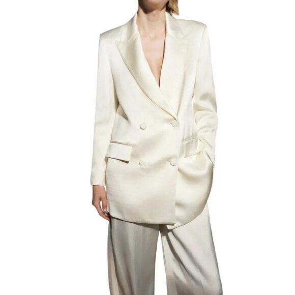 ZARA OYSTER WHITE SATIN LINEN BLAZER CREAM SIZE S 2699/451 - Picture 2 of 4